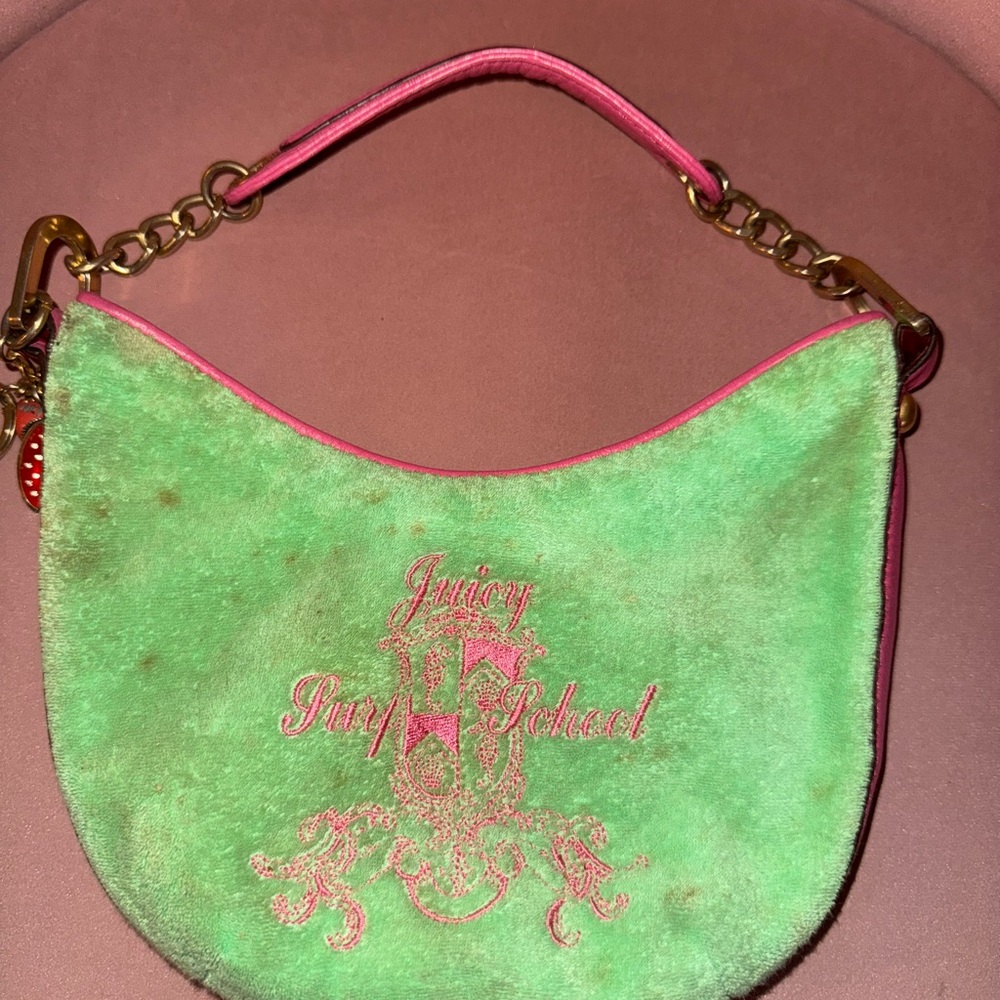 Juicy Couture Green and Pink Shoulder Bag with Gold Chain